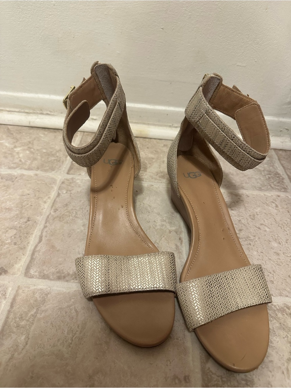 UGG Women's Tan Woven Ankle-Strap Wedge Sandals